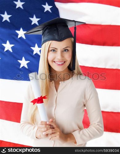 happy student in graduation cap with certificate over american flag. student in graduation cap with certificate
