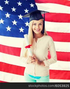 happy student in graduation cap with certificate over american flag. student in graduation cap with certificate