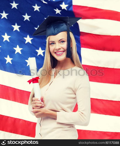 happy student in graduation cap with certificate over american flag. student in graduation cap with certificate