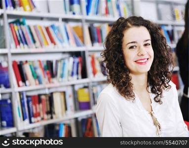 happy student woman group portrait at library