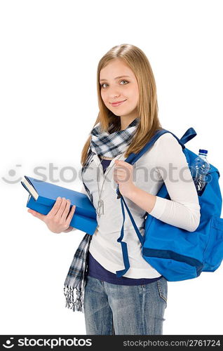 Happy student woman teenager with schoolbag hold books