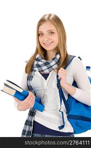 Happy student woman teenager with schoolbag hold books