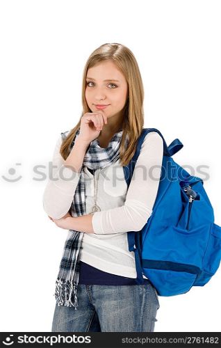 Happy student woman teenager with schoolbag on white