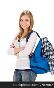 Happy student woman teenager with schoolbag on white