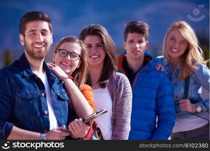 happy students group have fun outdoor in university campus park