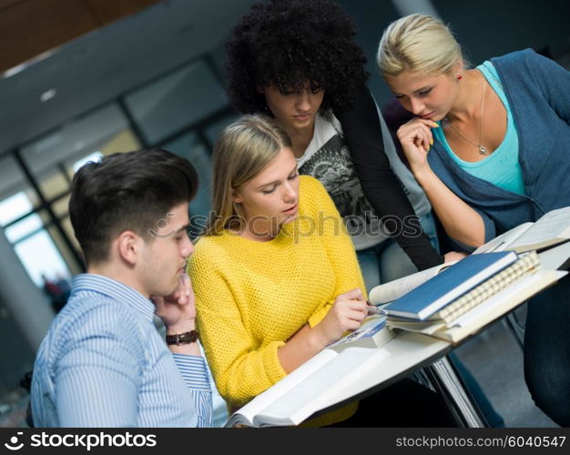 happy students group study in classroom