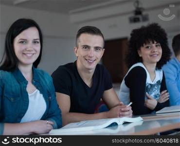 happy students group study in classroom