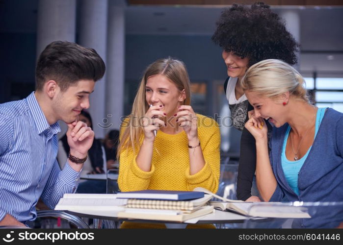 happy students group study in classroom