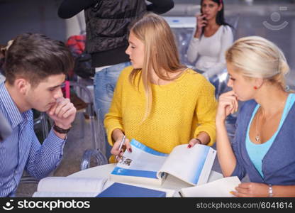 happy students group study in classroom