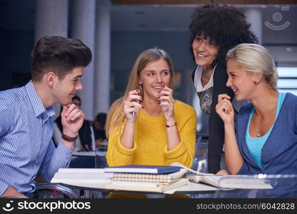 happy students group study in classroom