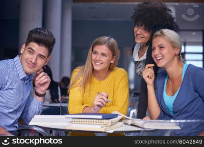 happy students group study in classroom