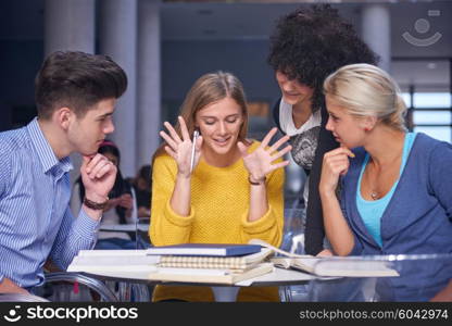 happy students group study in classroom