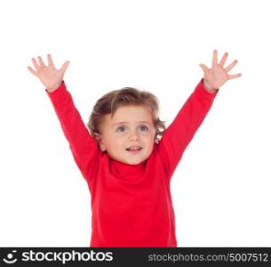 Happy success baby raising his hands isolated on a white background