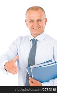 Happy successful businessman giving handshake close deal isolated portrait