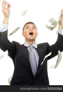 happy successfull businessman in money rain over white