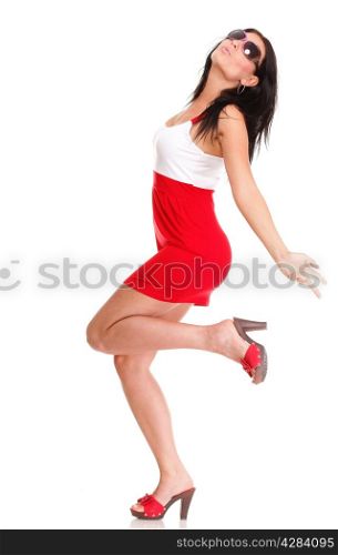 Happy surprised latin woman in red dress Isolated on white