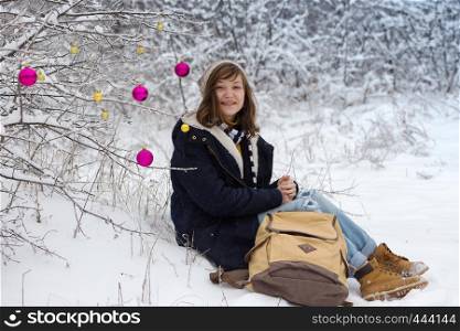 happy teen girl on a winter walk on a snowy day, Christmas