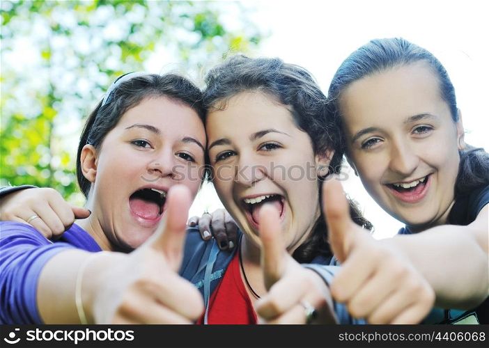 happy teen girls group outdoor have fun