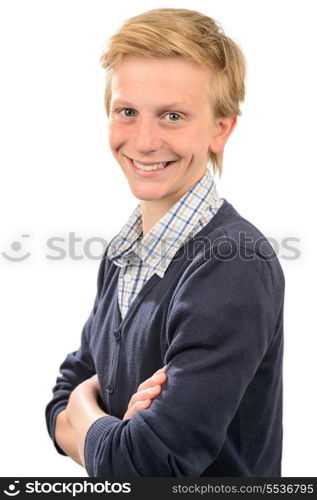 Happy teenage boy standing arms crossed against white background