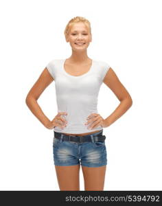 happy teenage girl in blank white t-shirt