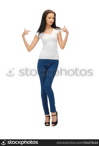 happy teenage girl in blank white t-shirt