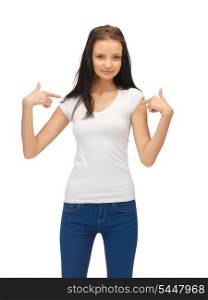 happy teenage girl in blank white t-shirt