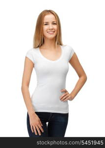 happy teenage girl in blank white t-shirt