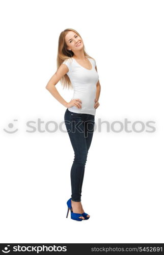 happy teenage girl in blank white t-shirt