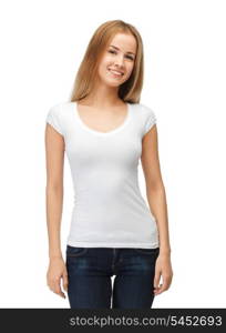 happy teenage girl in blank white t-shirt