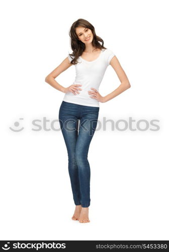 happy teenage girl in blank white t-shirt