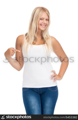 happy teenage girl in blank white t-shirt