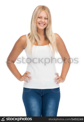 happy teenage girl in blank white t-shirt