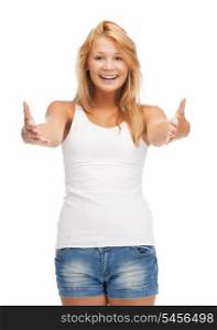 happy teenage girl in blank white t-shirt showing greeting gesture