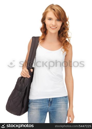 happy teenage girl in blank white t-shirt with bag