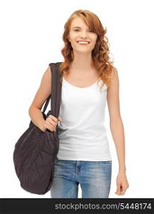 happy teenage girl in blank white t-shirt with bag