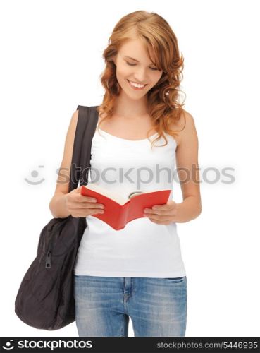 happy teenage girl in blank white t-shirt with book