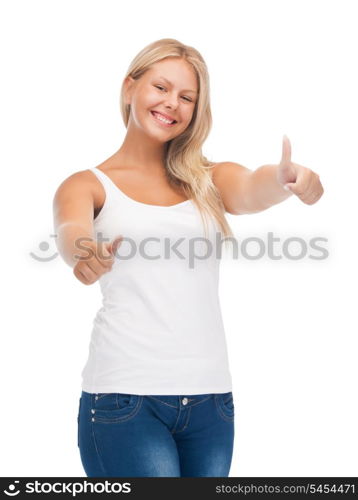 happy teenage girl in blank white t-shirt with thumbs up