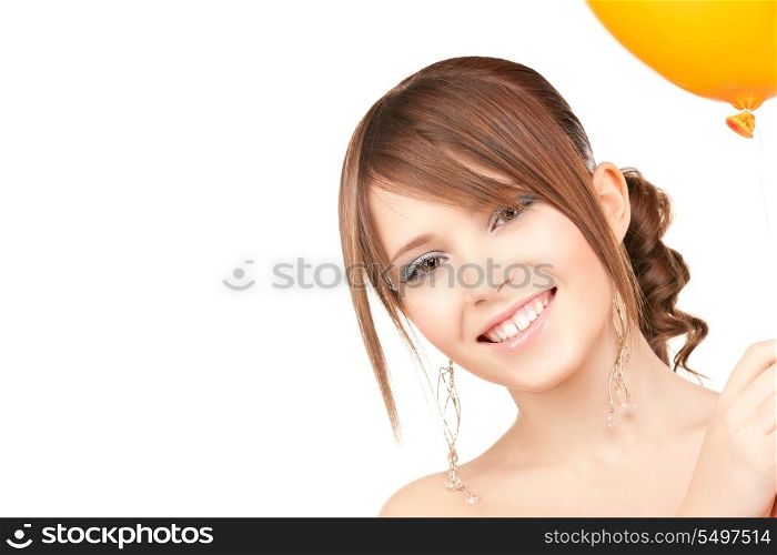 happy teenage girl with balloon over white
