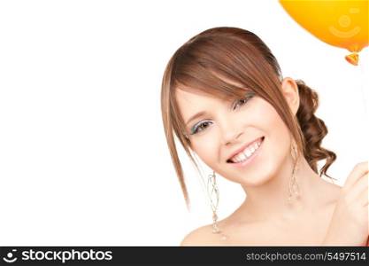 happy teenage girl with balloon over white