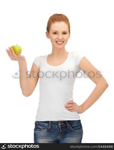 happy teenage girl with green apple.