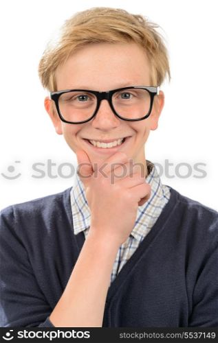 Happy teenage nerd boy wearing geek glasses against white background