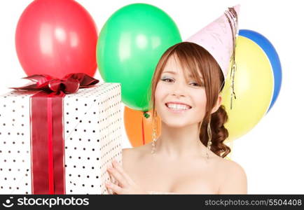 happy teenage party girl with balloons and gift box