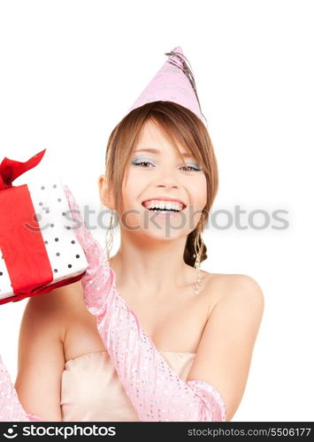 happy teenage party girl with gift box