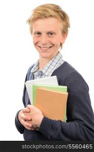 Happy teenage student holding books against white background