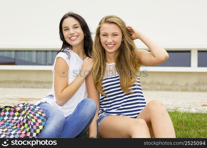 Happy teenage students in the school