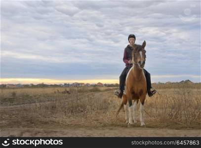 Happy teenager boy with horse on field
