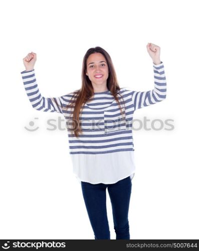Happy teenager girl celebrating something leaving her arms isolated on a white background