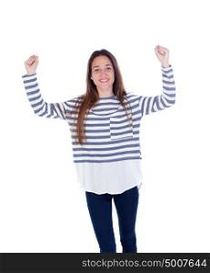 Happy teenager girl celebrating something leaving her arms isolated on a white background