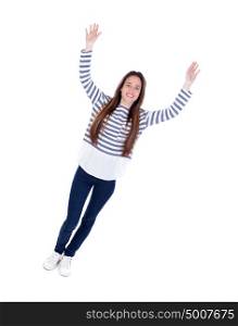 Happy teenager girl celebrating something leaving her hands isolated on a white background