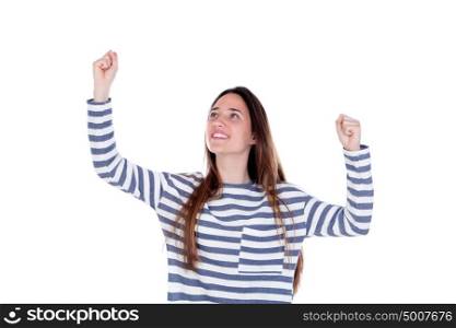 Happy teenager girl celebrating something leaving her hands isolated on a white background